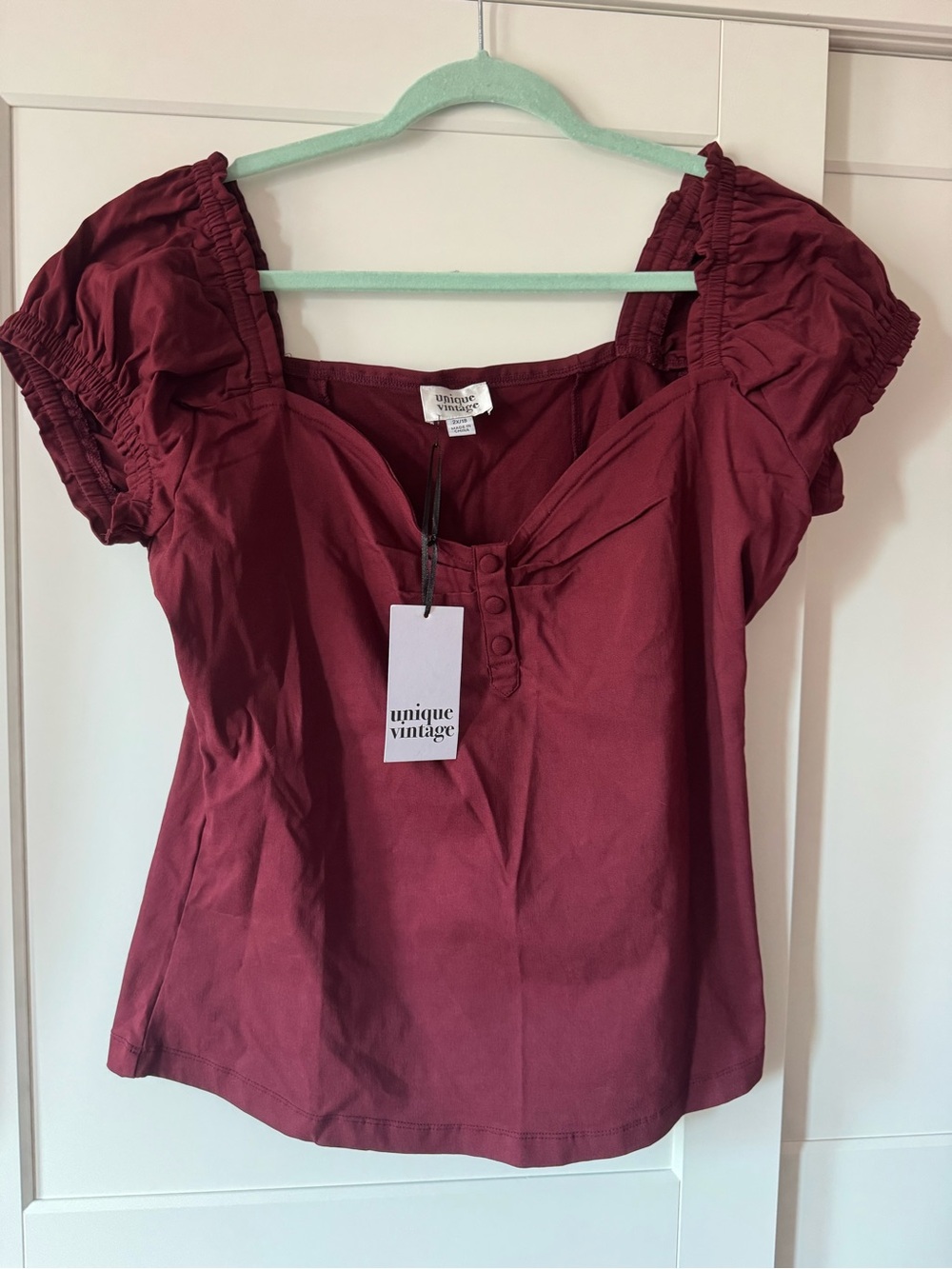Unique Vintage Maroon Square Neck Puff Sleeve Top